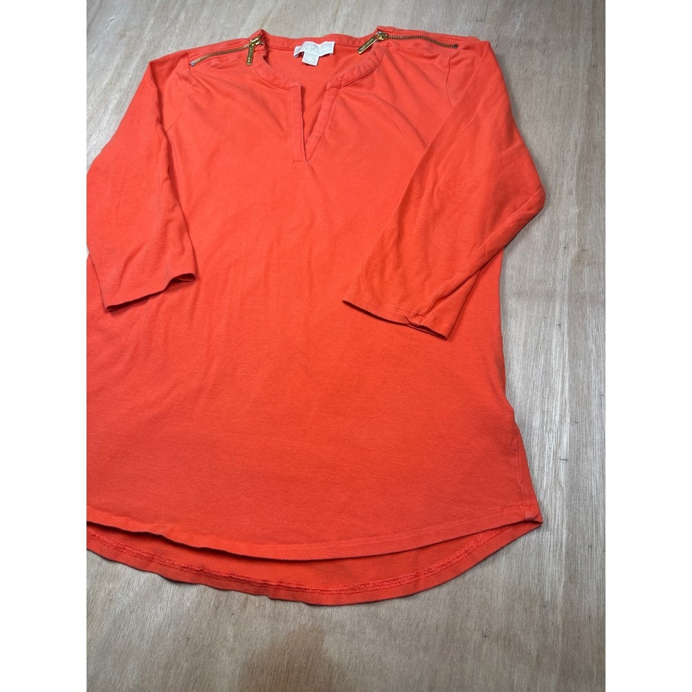 Michael Kors Orange V Neck 3/4 Sleeve Top Gold Zip Detail Women's Size XL - Picture 3 of 8